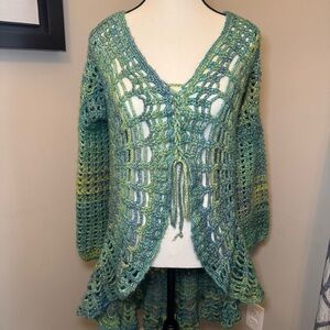 Handmade Crochet Boho Cardigan Green Blue Open Knit Back Motif Flared Hem‎